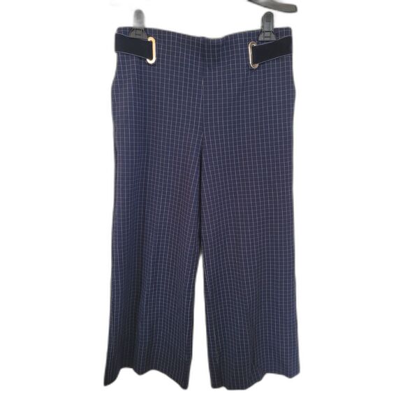 BETABRAND Navy Check Print Ponte Wide Leg Crop Pants - Picture 1 of 4